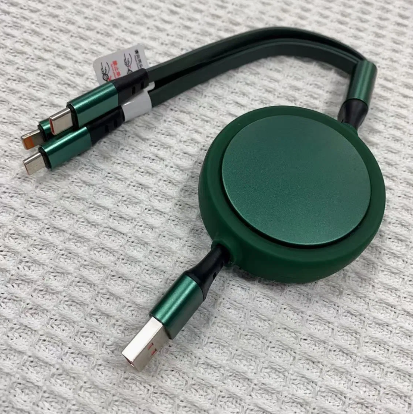 66W Retractable Multi-Connector Fast Charging Cable with USB-A, USB-C & Lightning Connectors for Smartphones and Tablets