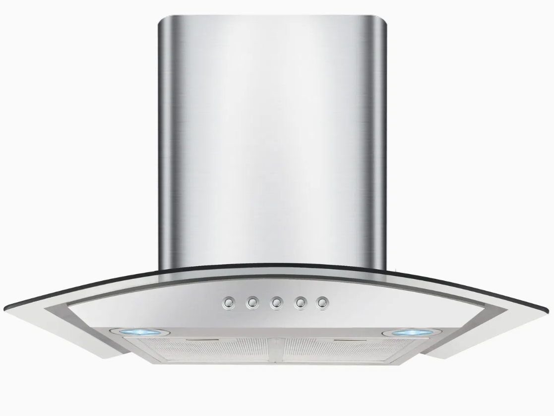 Wall Mounted Curved Glass Kitchen Chimney Range Hood – 3-Speed Cooker Hood with LED Lights & Stainless Steel Finish