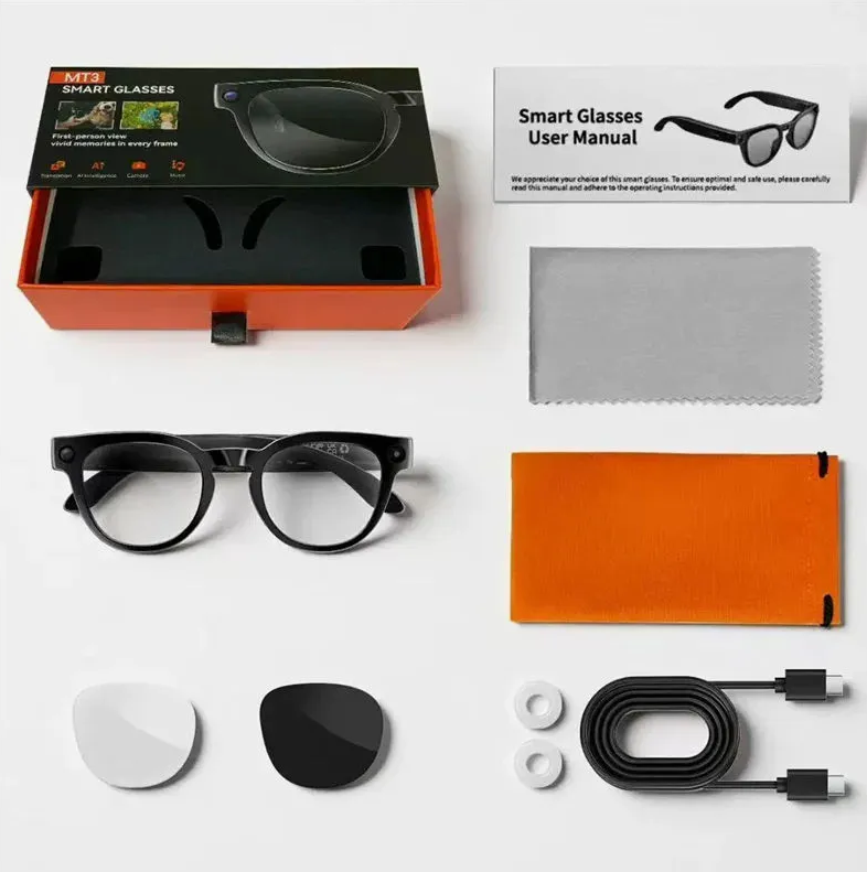 MT3 AI Smart Glasses with 8MP Camera, HD Video Recording, AI Voice Translation, Bluetooth Audio & Blue Light Blocking Lenses