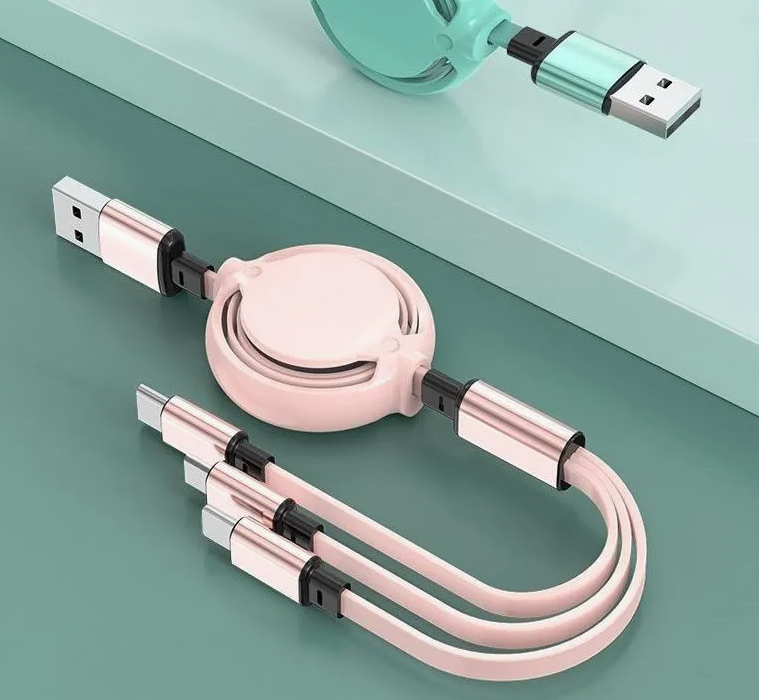 60W Retractable Multi-Function Fast Charging Cable with USB-A, USB-C & Lightning Connectors for iPhone, Samsung & Mobile Devices